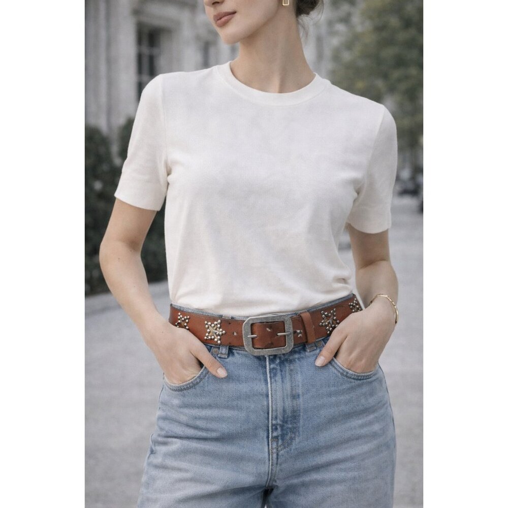 Free People Brown Leather Studded Star Belt Western Boho Festival Womens M/L - Picture 2 of 10